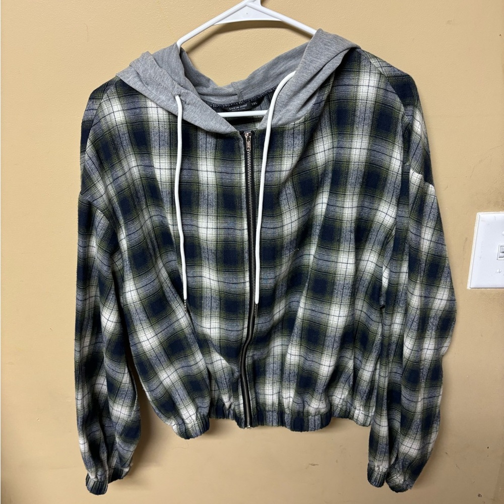 blue plaid cropped zip up